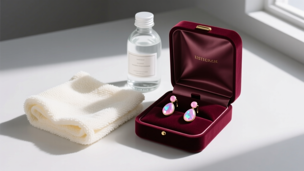 Flat lay of a cleaning kit with microfiber cloth, distilled water, and a velvet box storing delicate pink opal drop earrings.