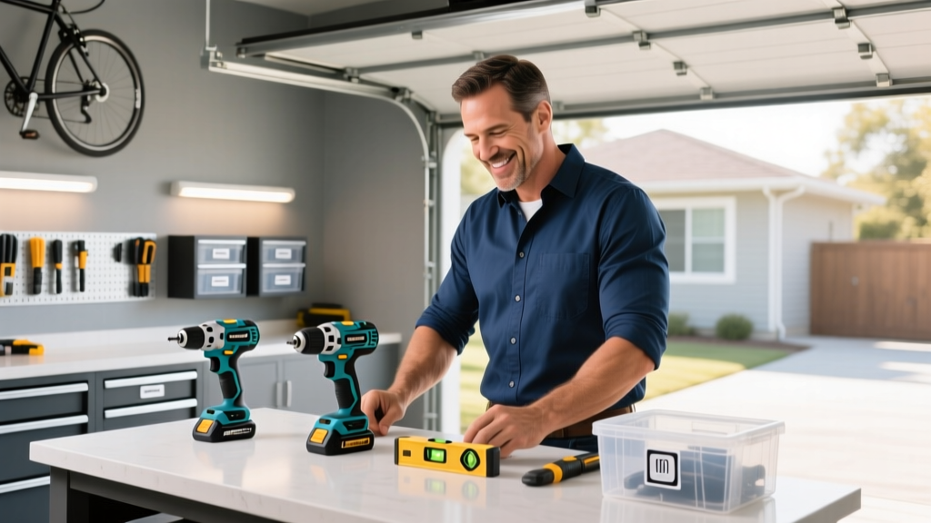 A smiling father in a well-lit garage organizing his workbench with modern cordless power tools and smart storage solutions.