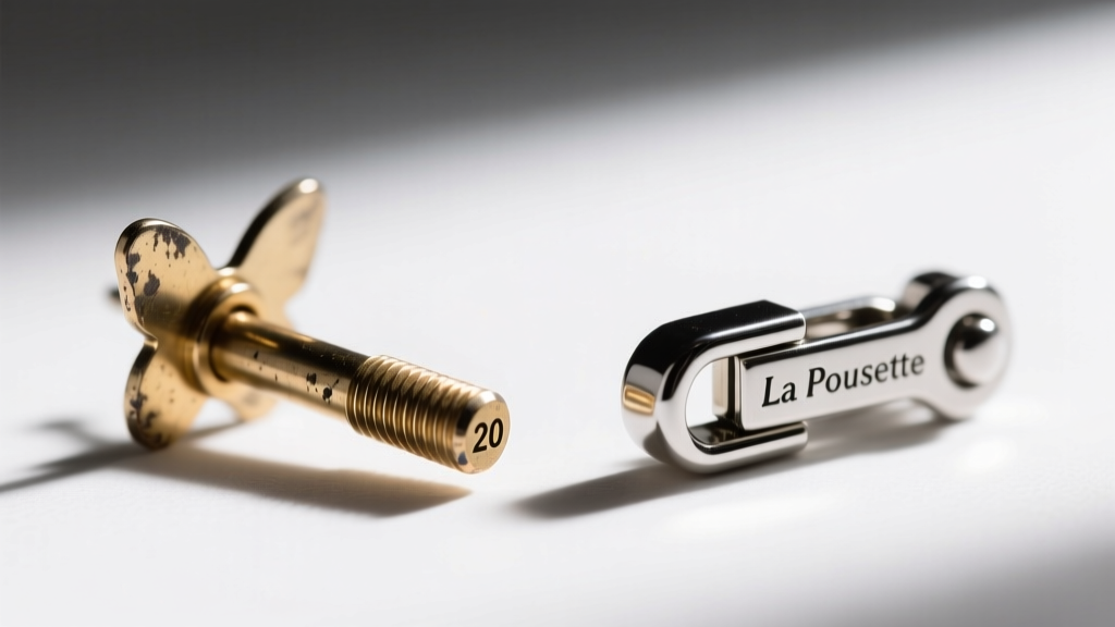 Macro shot of a 20-gauge earring post showing wear grooves from a butterfly backing, next to a brand new La Pousette secure clasp