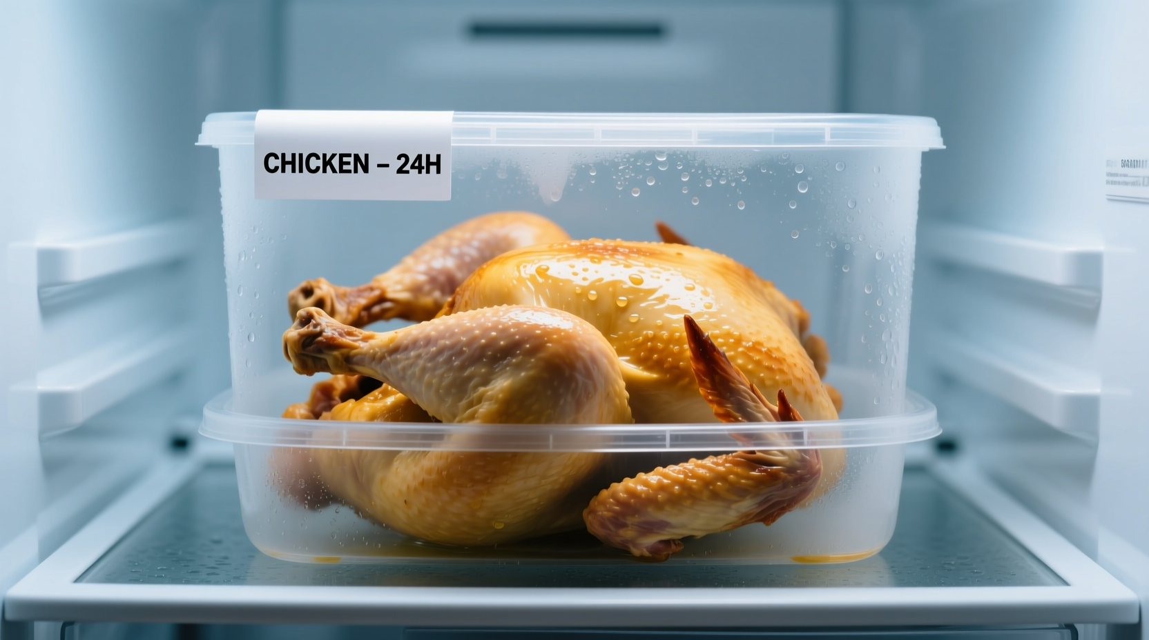 Cooked chicken in airtight container in refrigerator