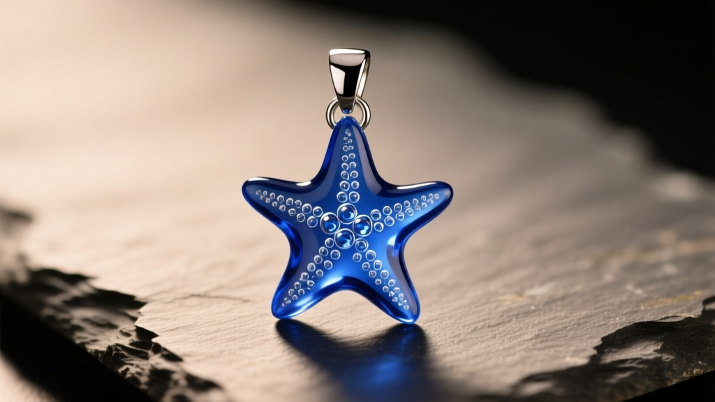 Macro shot of a cobalt blue glass starfish pendant on slate, lit by warm light to show internal bubbles and a silver bail.