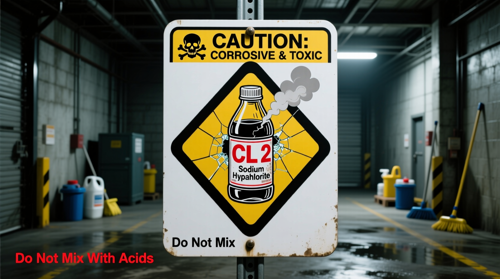 Chemical safety warning sign with bleach bottle