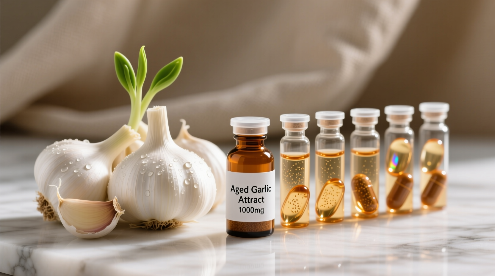 Fresh garlic cloves and aged garlic extract capsules side by side