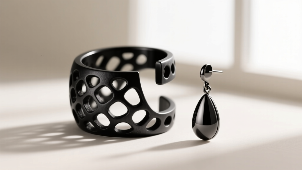 Macro photo of 3D-printed matte black titanium oversized ear cuff and drop earring, highlighting porous lightweight metal textures