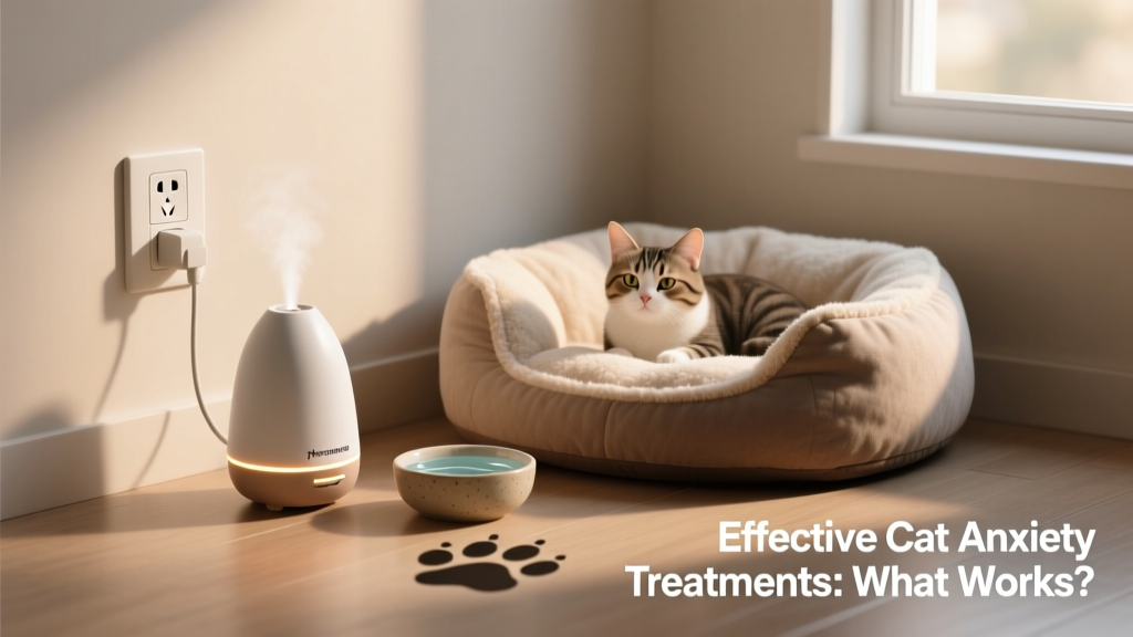 A pheromone diffuser plugged into an outlet beside a cat bed and a small bowl of water