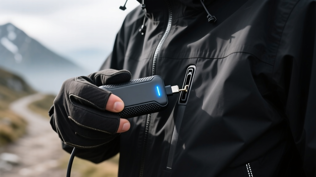 Close-up of a hiker connecting a rugged USB-C power bank to the internal heating port of a sleek black winter trail jacket