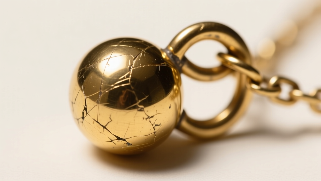 Macro shot of worn gold-plated ball pendant bail showing brass exposure and scratches from chain friction against the loop.