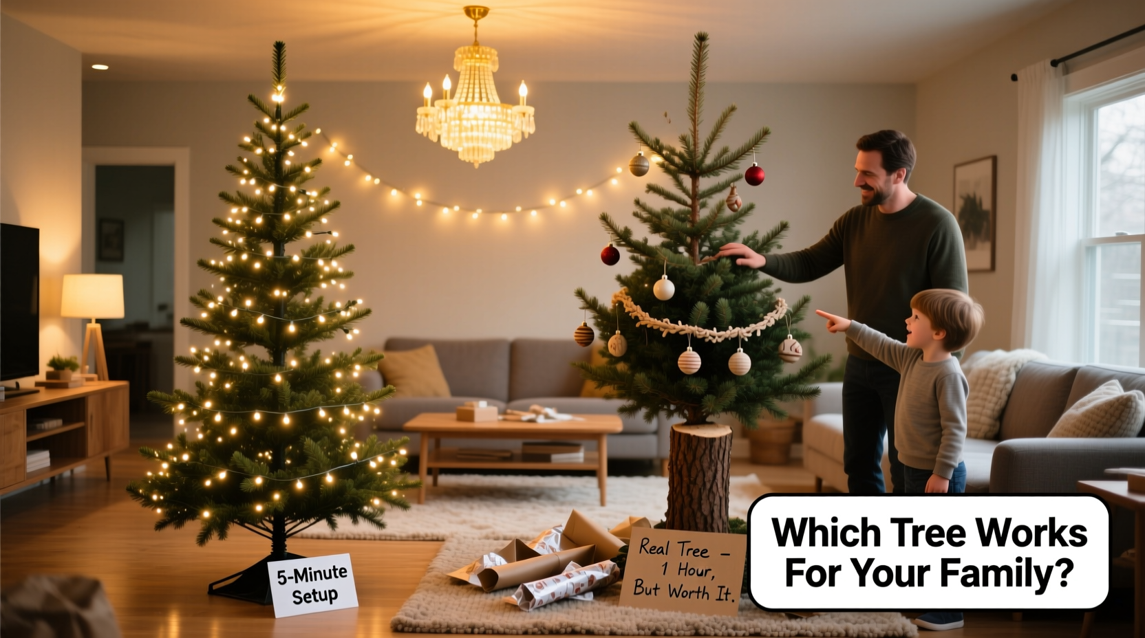 prelit christmas tree vs real tree setup which is actually easier for busy families