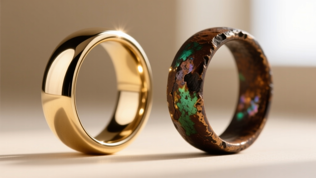 Macro shot of two brass rings side-by-side, one highly polished and glowing, the other showing a dark, mottled oxidation patina.