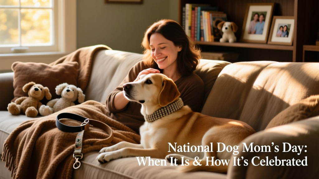 A woman and her dog relaxing together on a sofa, surrounded by soft blankets and a few well-loved toys