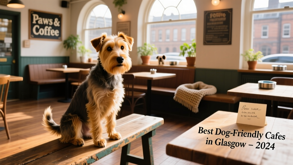 A large terrier seated comfortably on a wooden bench inside a bright, airy Glasgow cafe