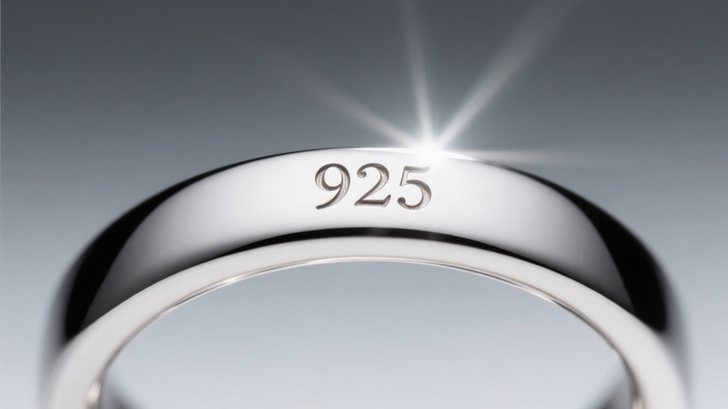 Macro close-up of a tiny 925 hallmark stamped inside a sterling silver ring band, illuminated by a bright jeweler loupe light