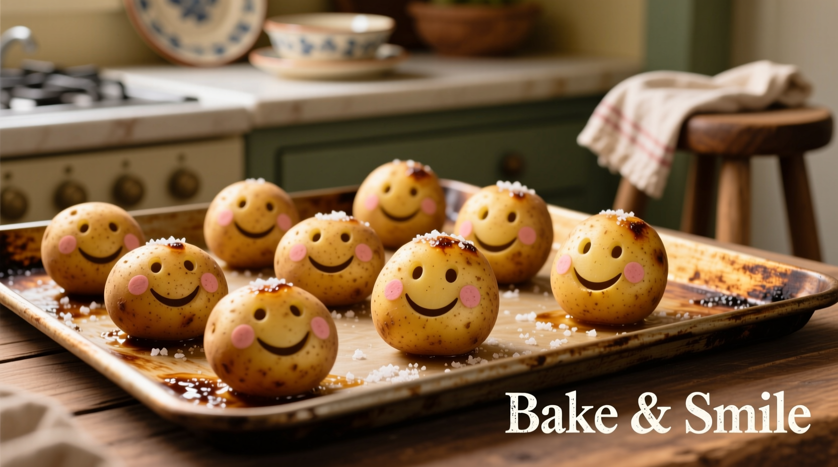 Golden brown potato smileys arranged on a baking sheet