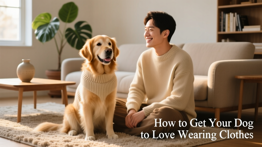 A calm, smiling dog wearing a soft, well-fitting sweater while sitting beside its owner on a cozy living room rug