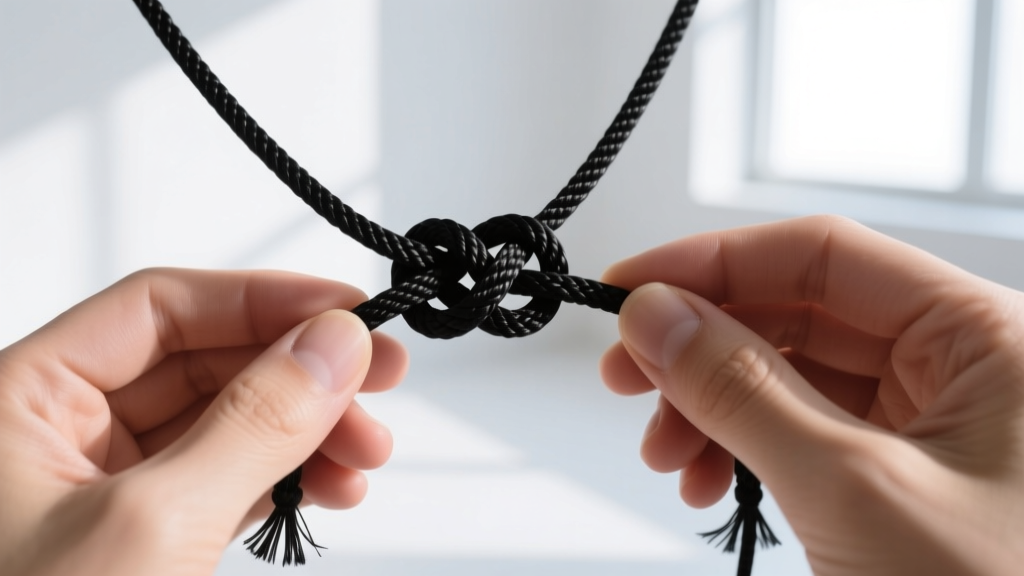 Hands tying a secure macrame sliding knot on a 1mm black nylon necklace cord, showing the precise loop structure in bright light.