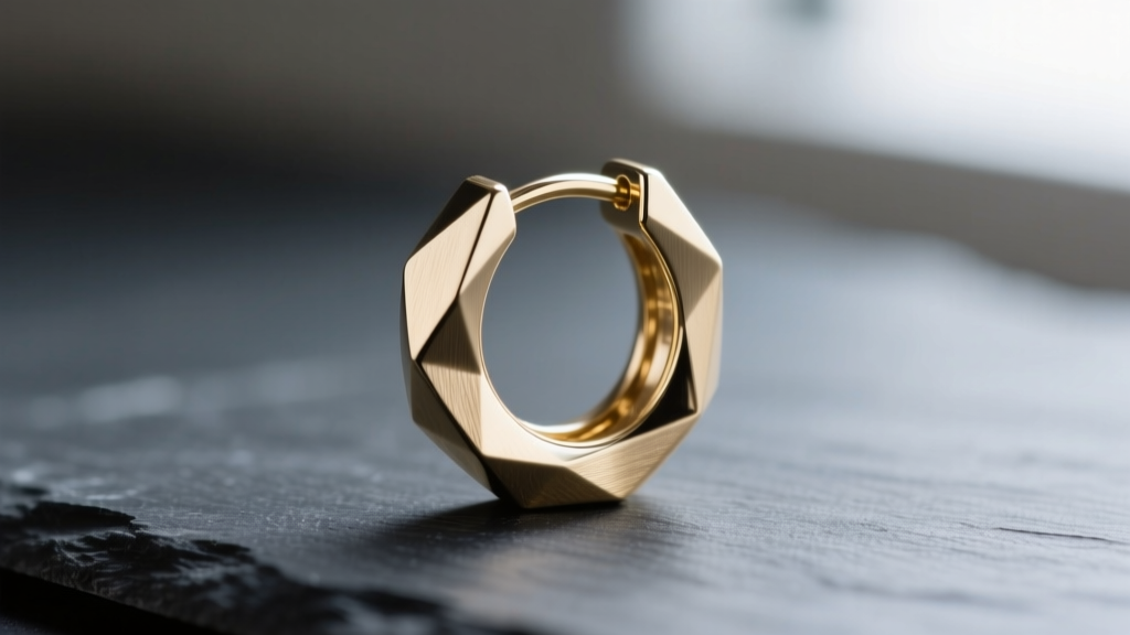 Macro photography of a 14k white gold geometric huggie earring with a brushed satin finish, resting on a dark slate surface.