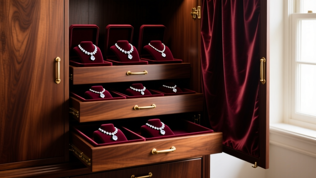 Mahogany armoire with silk-lined drawers, each storing one diamond necklace to prevent the hard stones from scratching each other.