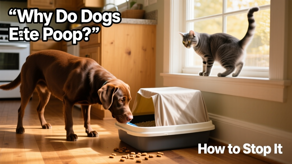 A dog investigating a covered cat litter box while the cat watches nearby
