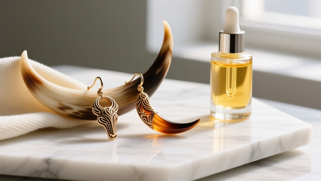 Soft microfiber cloth gently wiping intricately carved animal horn motif earrings on a marble surface next to a jojoba oil bottle.