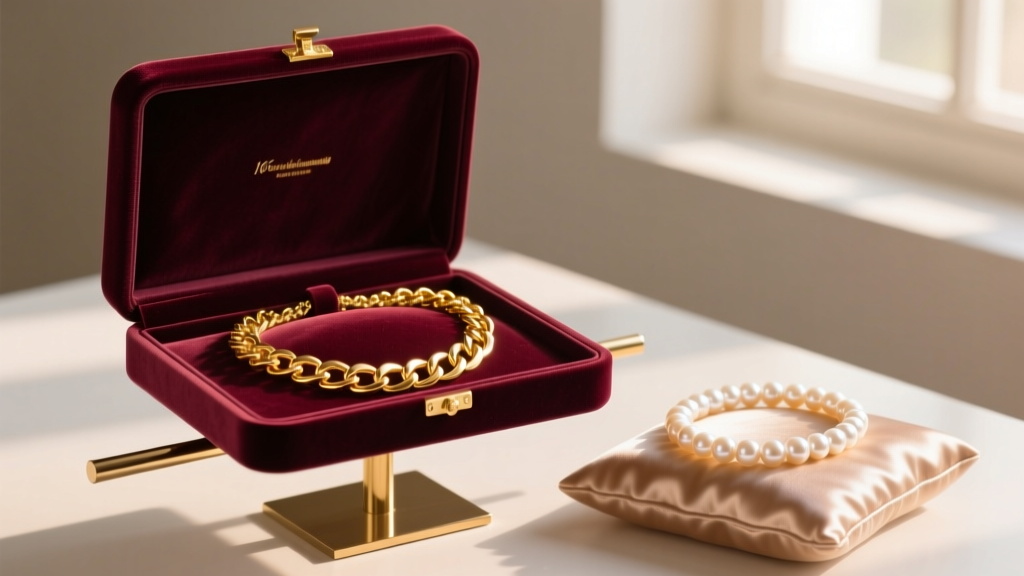 Velvet jewelry box showing a 16-inch gold necklace draped over a T-bar stand next to an 18-inch pearl strand under warm lighting.