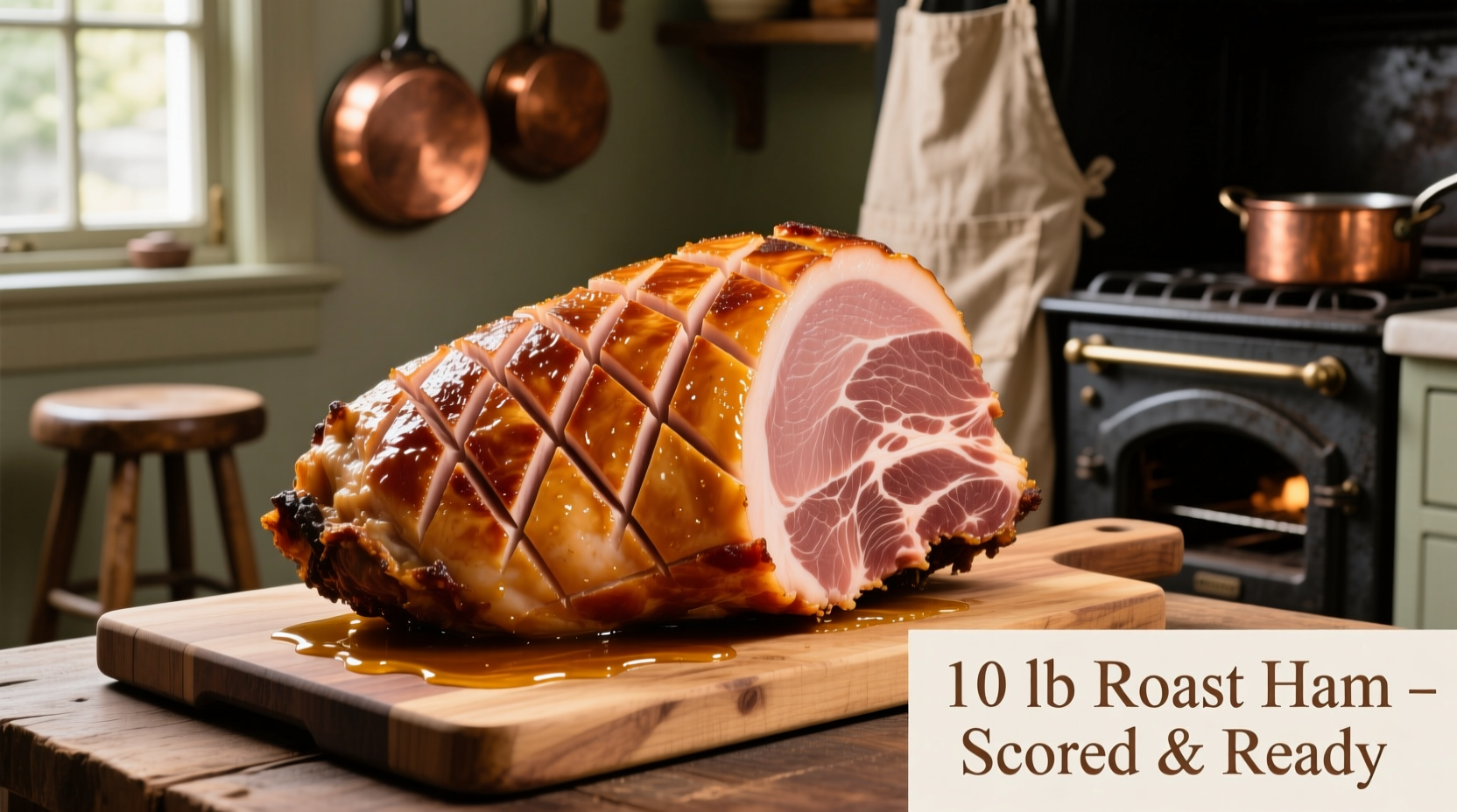 10 pound ham properly scored and ready for oven