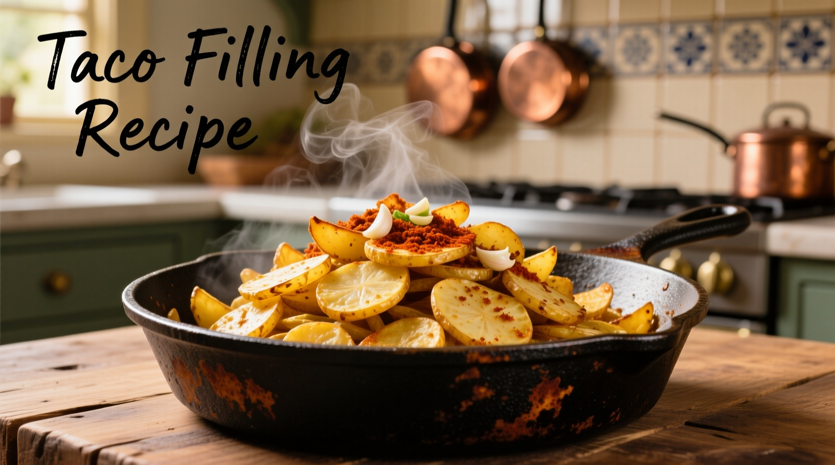 Golden potato taco filling in cast iron skillet