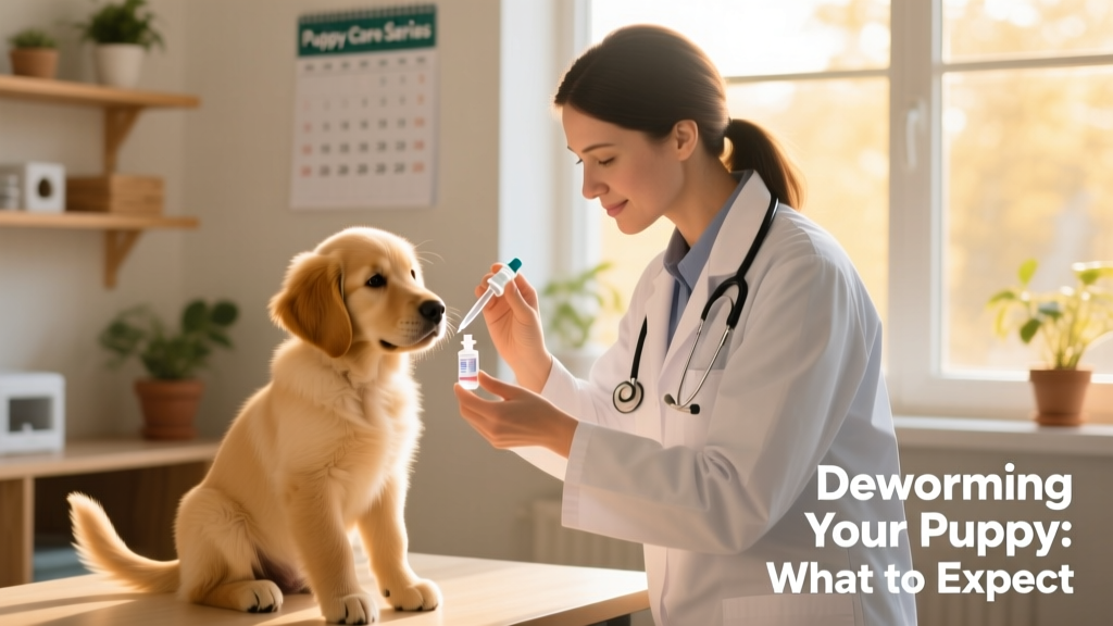 Veterinarian gently administering liquid dewormer to a calm, seated puppy