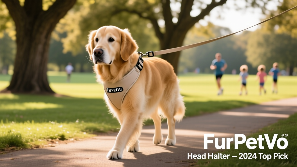 A calm, well-fitted dog wearing a FurPetVo head halter during a relaxed walk in a park