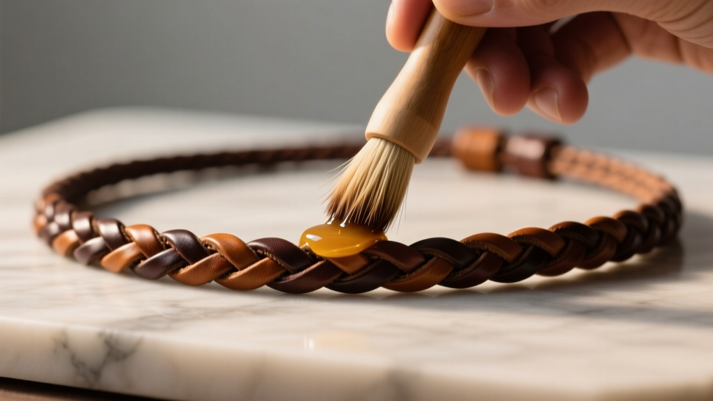 Applying beeswax conditioner to a braided leather necklace cord with a soft horsehair brush under warm directional studio light.