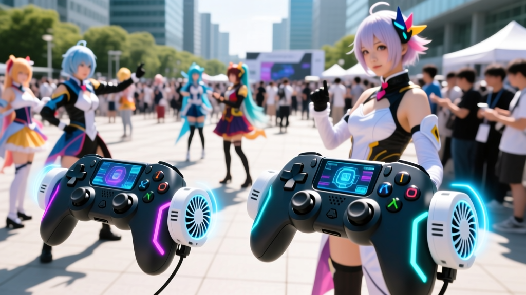 A vibrant outdoor anime convention scene with cosplayers using high-tech mobile gaming controllers and glowing cooling fans under bright summer sunlight.