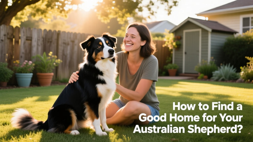 Australian Shepherd sitting calmly beside a smiling adult in a sunlit backyard
