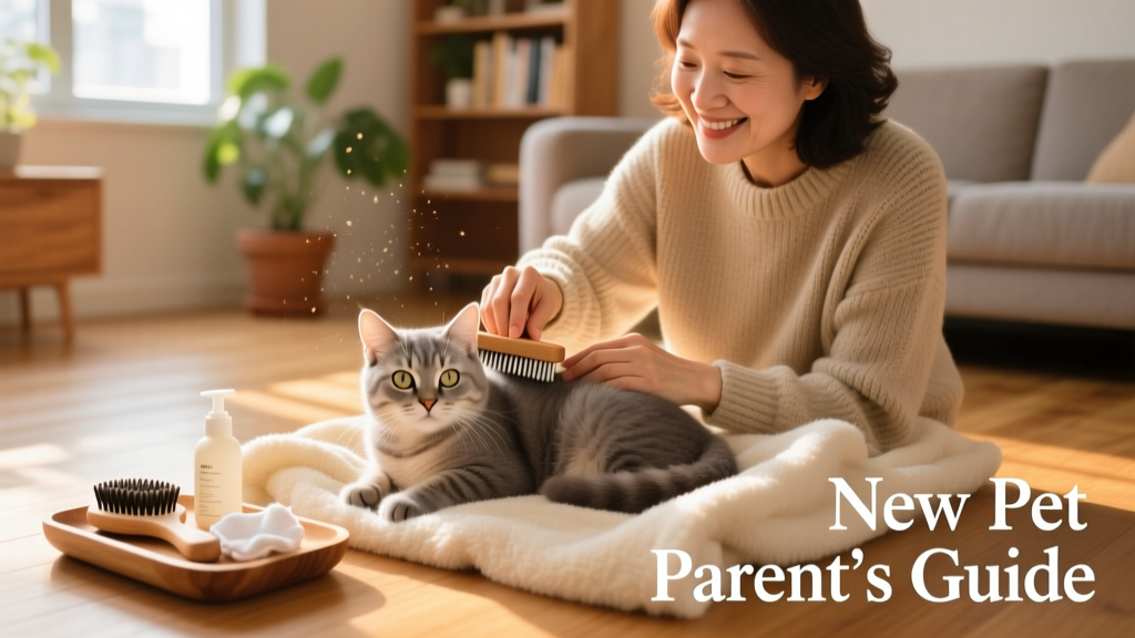A happy, relaxed kitten being gently brushed by its owner on a soft blanket, with grooming supplies nearby