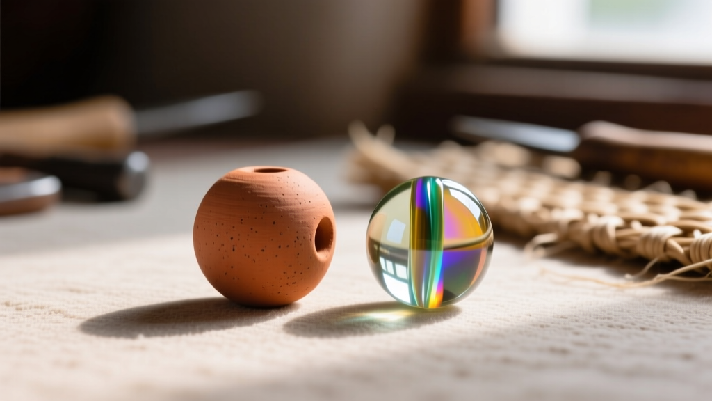 Macro shot comparing a matte terracotta clay bead and a glossy recycled glass bead in traditional Mexican jewelry crafting.