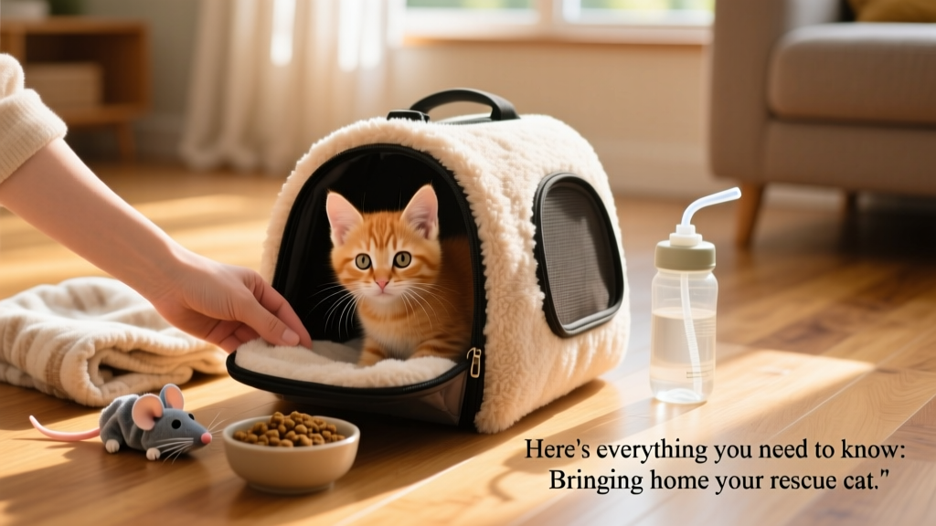 A gentle hand placing a soft carrier on the floor as a curious kitten peers out, surrounded by a few essential supplies