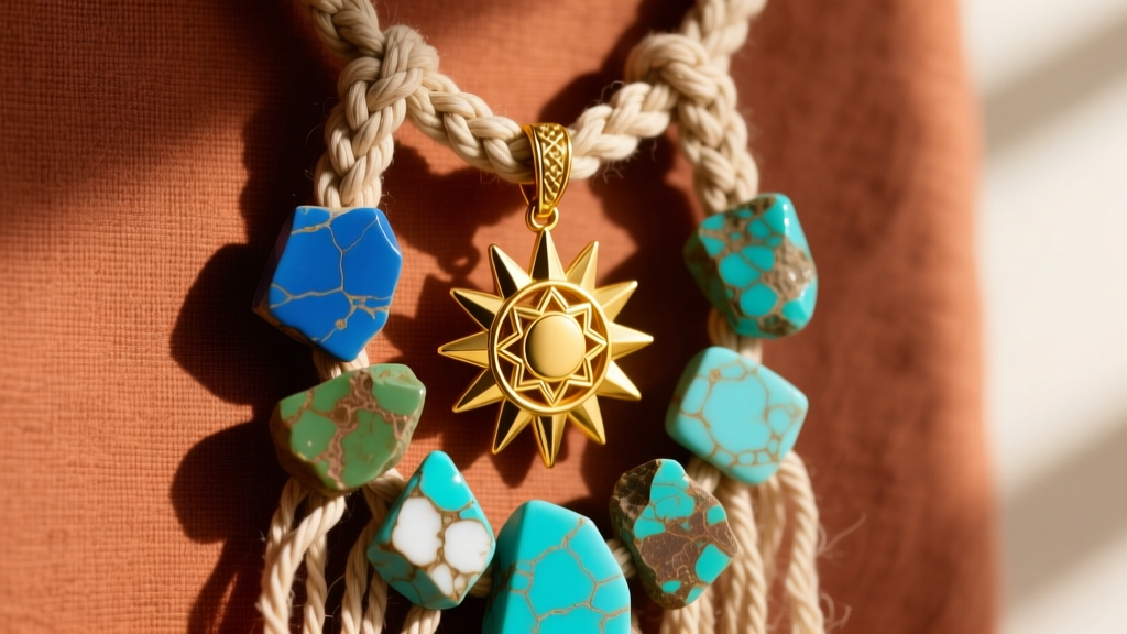 1970s 14k yellow gold sunburst pendant and raw turquoise chunks resting on woven macrame cord over a terracotta linen background.