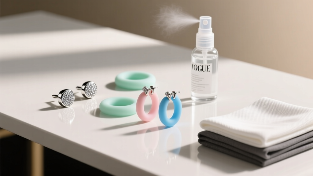 A clean desk setup with titanium studs, silicone earring O-rings, sterile saline spray, and microfiber cloths for jewelry care.