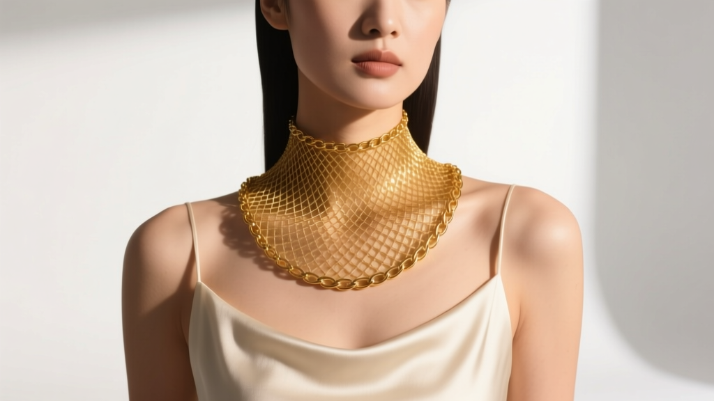 Woman wearing a 14-inch gold mesh hugging necklace resting flush against her collarbones under warm directional studio lighting