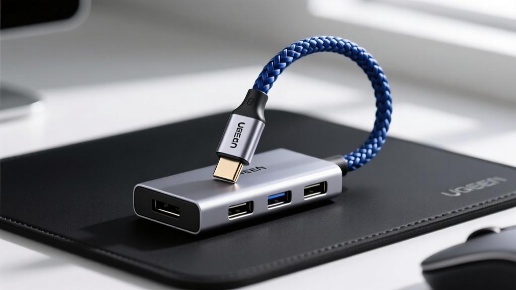 Close-up macro shot of a braided USB-C cable plugging into an anodized aluminum UGREEN multi-port adapter resting on a dark mousepad.