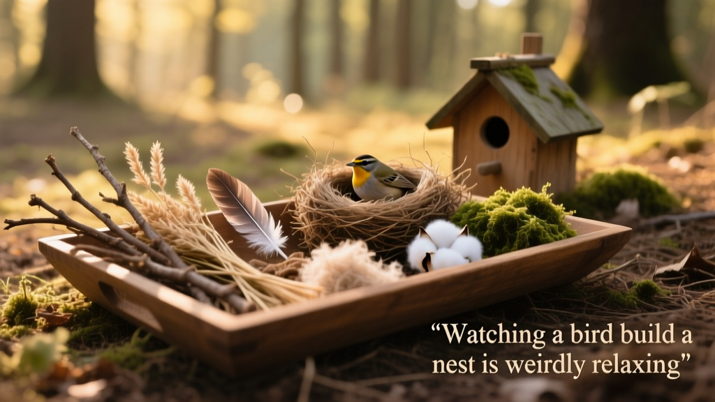 Assortment of safe natural nesting materials arranged on a wooden tray outdoors
