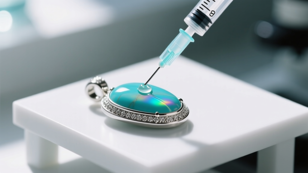 Macro shot of applying clear archival resin with a fine syringe to the back of a silver turquoise pendant on a clean workbench.