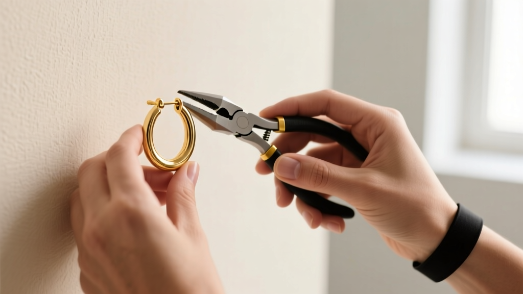 Jeweler using nylon-jaw pliers to gently adjust the tension pin on a gold-tone fashion jewelry hoop earring omega back clasp.