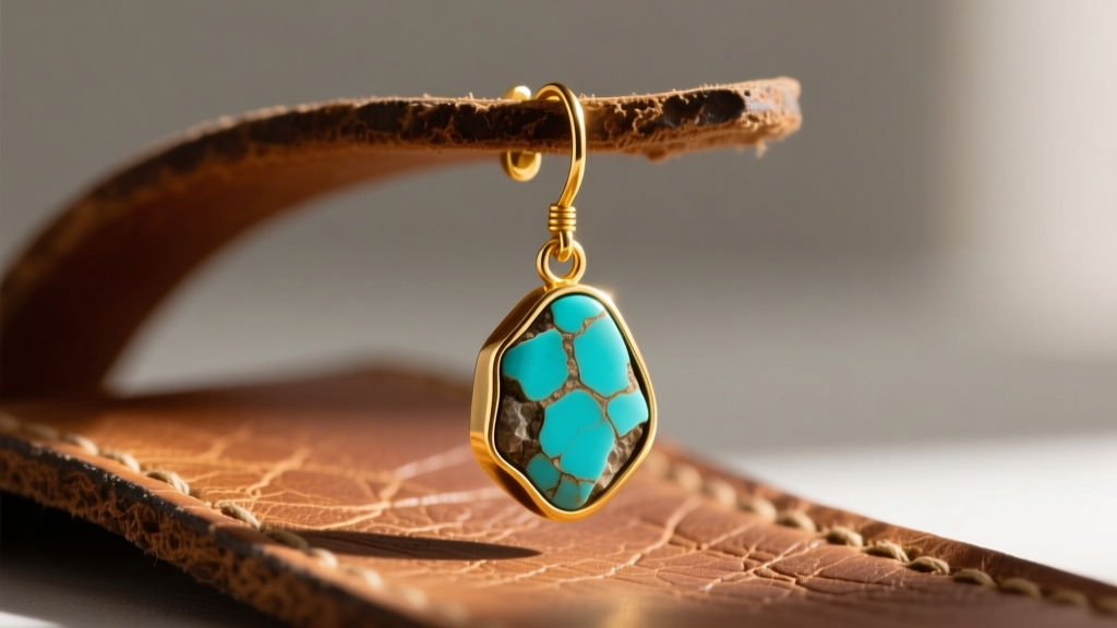 Rustic 14k yellow gold drop earring with raw turquoise inlay resting on worn saddle leather, illuminated by warm directional light