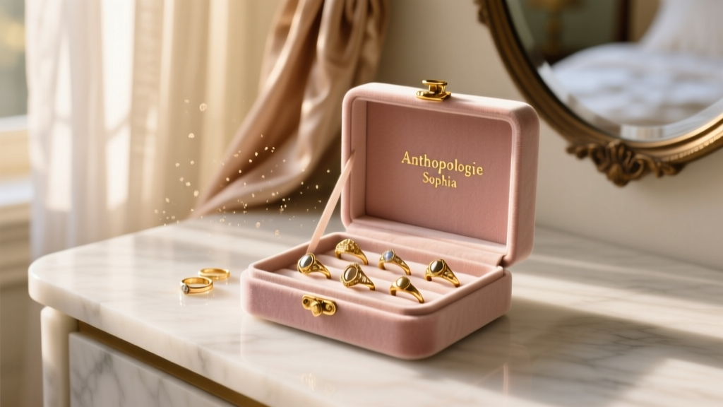 Dusty rose Anthropologie Sophia jewelry box open on a marble vanity, surrounded by vintage gold rings and soft morning light