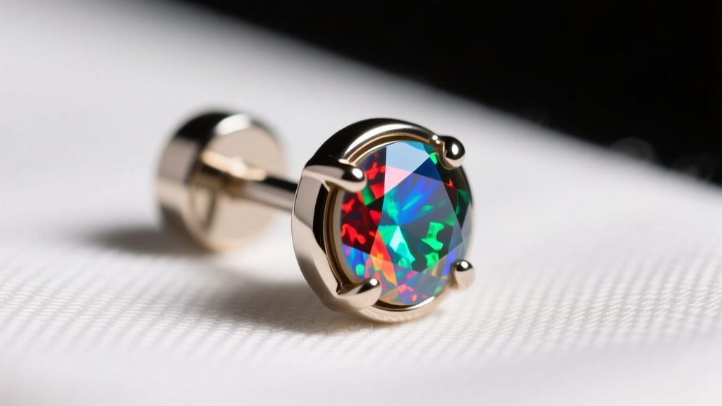 Macro shot of an 18-gauge implant-grade titanium threadless earring end with a bezel-set opal resting on an anti-tarnish cloth.