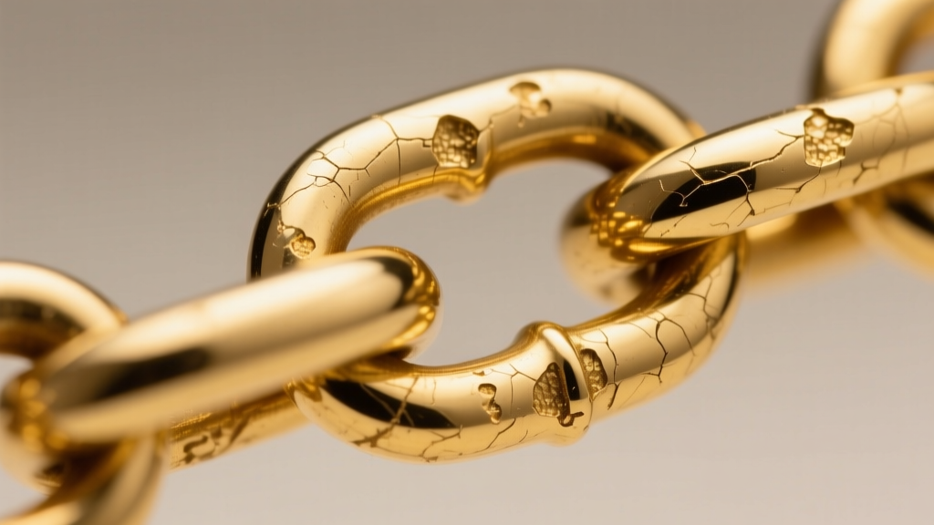 Macro close-up of a gold-plated brass chain link revealing microscopic wear and the underlying yellow brass base metal tone.