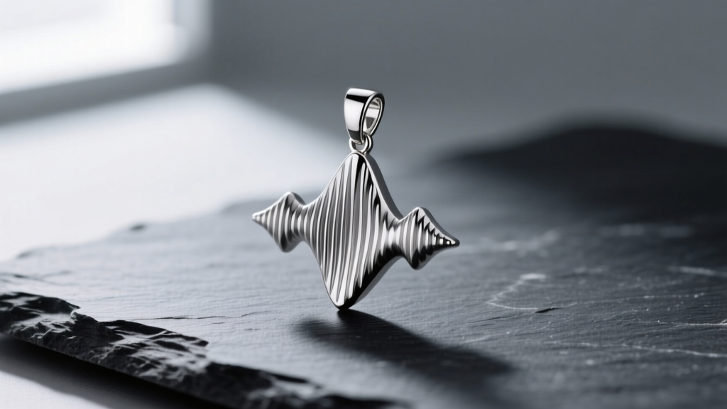 Close-up of a platinum soundwave pendant on dark slate, showing intricate 3D audio wave ridges and a brushed matte finish