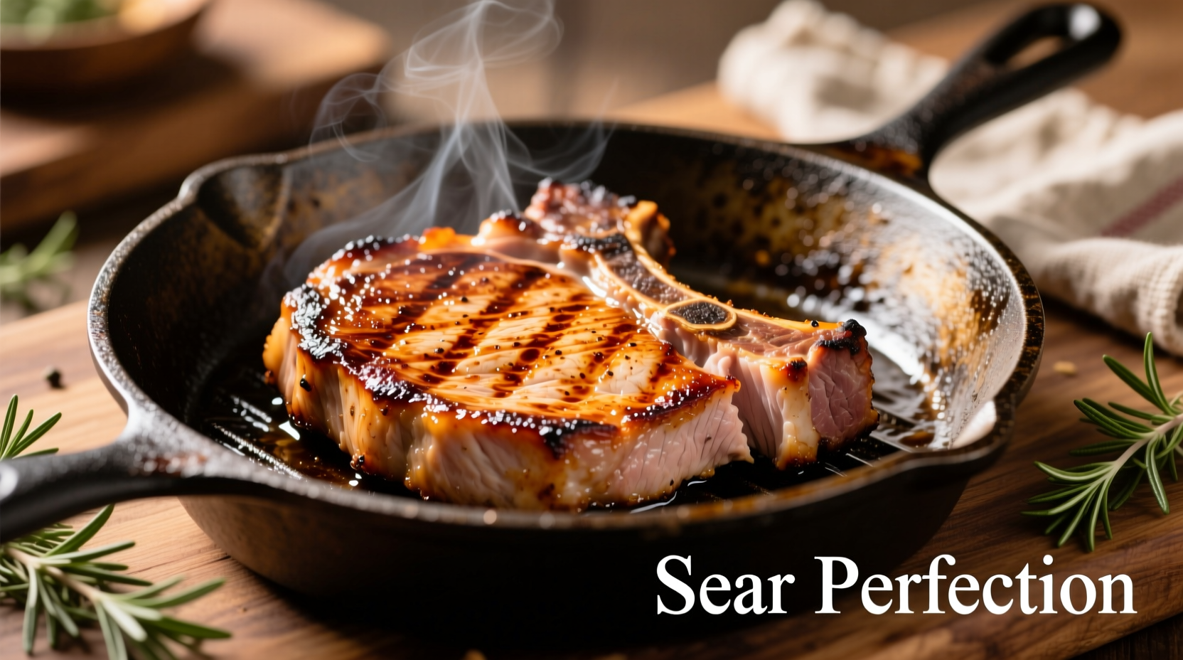 Perfectly seared pork chops with golden crust in cast iron skillet