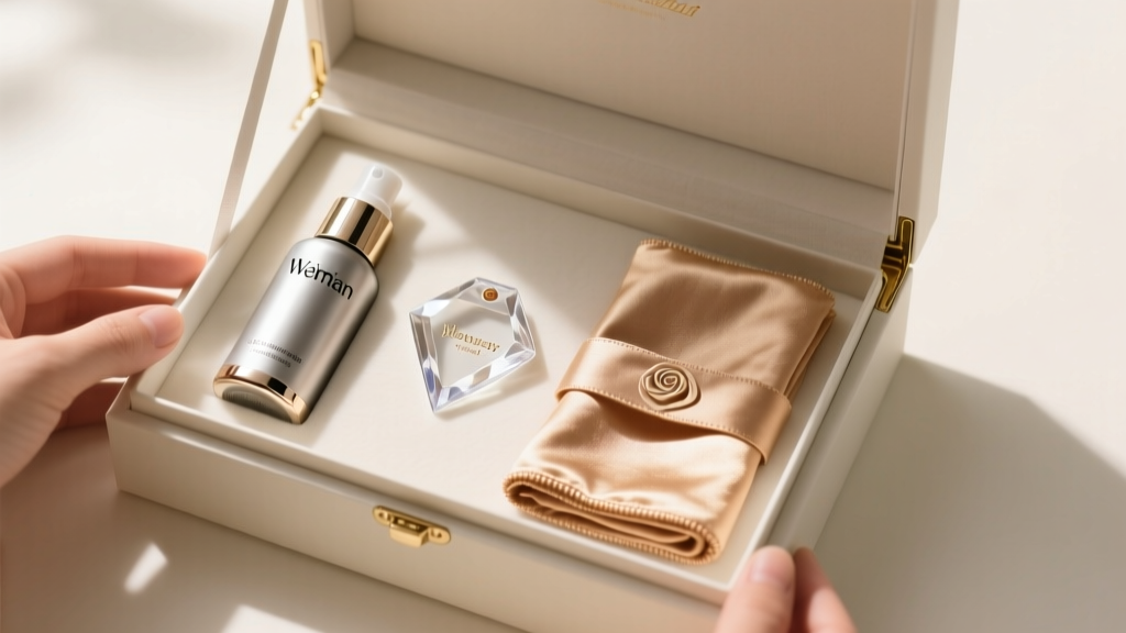 Open bridal box showing a travel-sized Weiman cleaner, a gemstone safety card, and a folded rose gold microfiber polishing cloth.