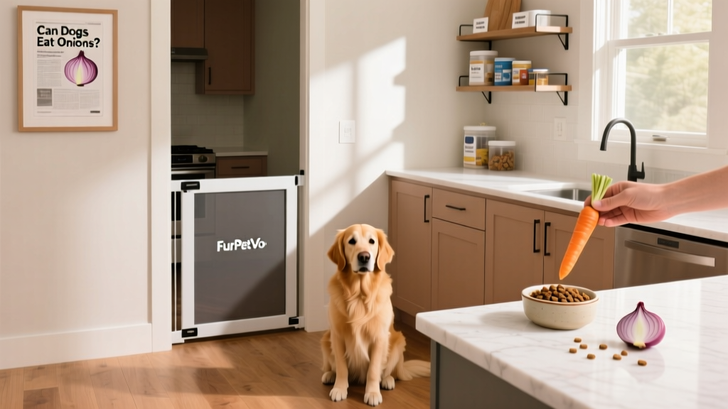 Dog-friendly kitchen setup with closed cabinet doors, a FurPetVo-branded dog gate installed across a doorway, and a clean countertop free of onion scraps