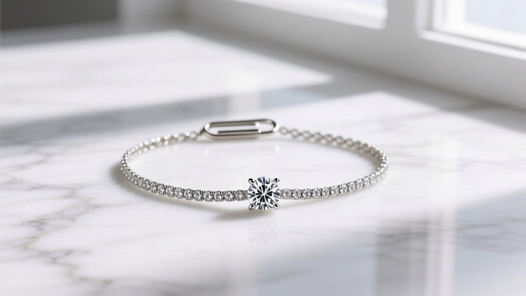 Flat lay of a layered stack featuring a 5mm diamond pavé paperclip chain and delicate solitaire pendant on a white marble surface.